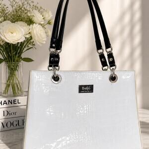 Beijo White Croc Patent Shoulder Bag Y2K Luxe Tote Glossy Crocodile Embossed